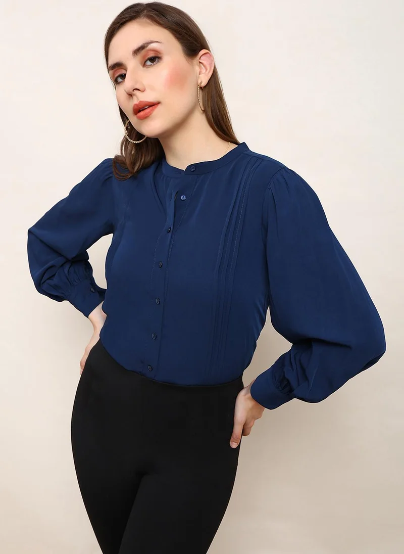 globus Globus Women Blue Mandarin Collar Bishop Cuffed Sleeves Solid Pleated Workwear Shirt